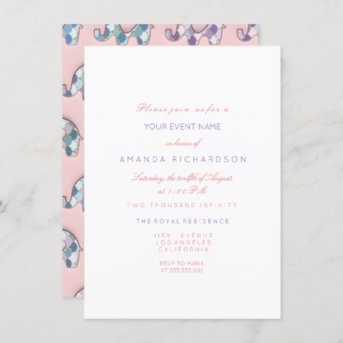 Elephants Pink Pastel Blue  Baby Shower Mermaid Invitation