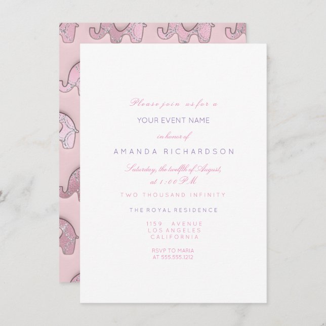 Elephants Pink Pastel Blue  Baby Shower Silver Invitation (Front/Back)