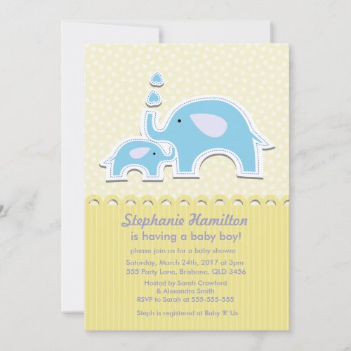 Elephants polka dots stripes baby boy shower invitations