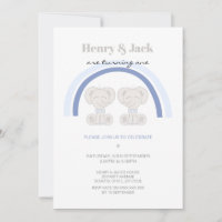 Elephants Rainbows (Blue Silver) Twin Birthday Inv Invitation