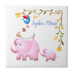 Elephants, Sheep & Bird Animal Tower Ceramic Tile