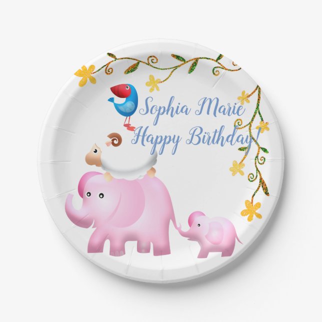 Elephants, Sheep & Bird Animal Tower Paper Plates (Front)