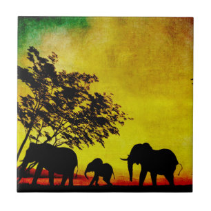 Elephants Sunset Ceramic Tile