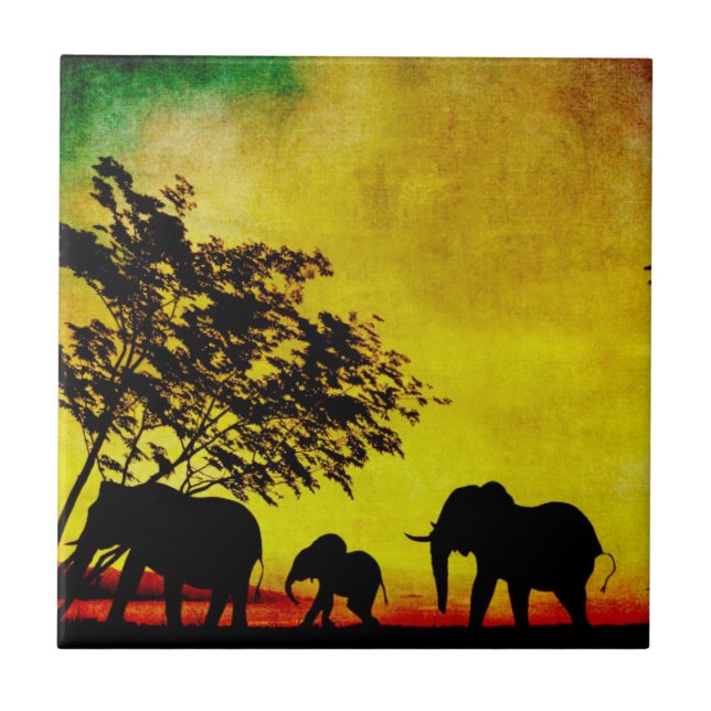 Elephants Sunset Ceramic Tile (Front)