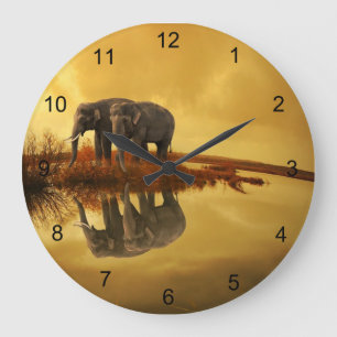 Elephants Sunset Large Clock