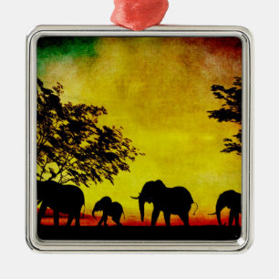 Elephants Sunset Metal Ornament