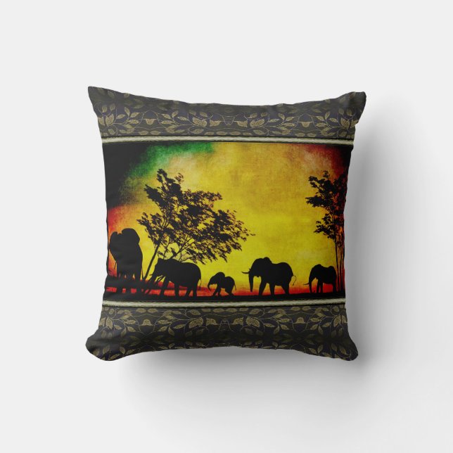 Elephants Sunset Throw Pillow (Front)