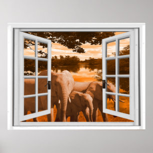 Elephants Sunset View Trompe l'oeil Fake Window Poster