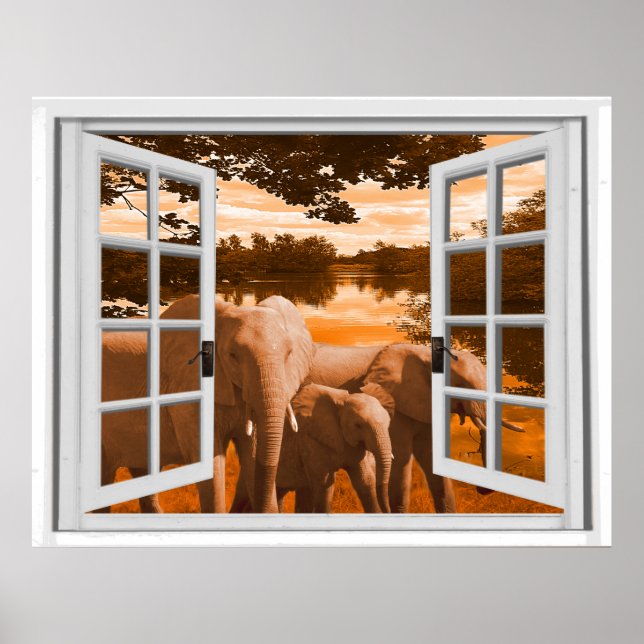 Elephants Sunset View Trompe l'oeil Fake Window Poster (Front)