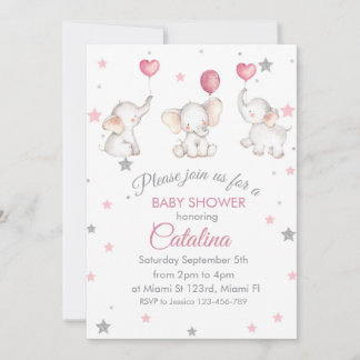 Elephants with Baloons Girl Baby Shower Invitation