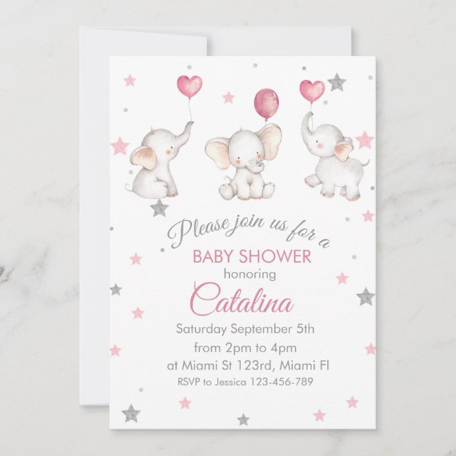 Elephants with Baloons Girl Baby Shower Invitation (Front)