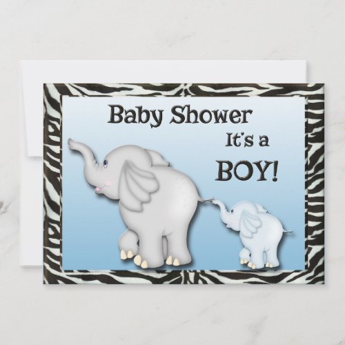 Elephants Zebra Print Baby Boy Shower Invitation
