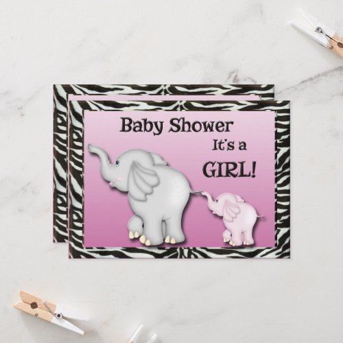 Elephants Zebra Print Baby Girl Shower Invitation