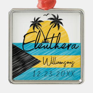 Eleuthera Bahamas Flag Palm Tree Sunset Souvenirs Metal Ornament