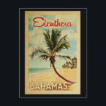Eleuthera Palm Tree Vintage Travel Postcard<br><div class="desc">A uniquely retro mid-century modern Eleuthera Bahamas art print in vintage travel poster style. It features a curved palm tree on sandy beach with ocean under a blue cloudy sky.</div>
