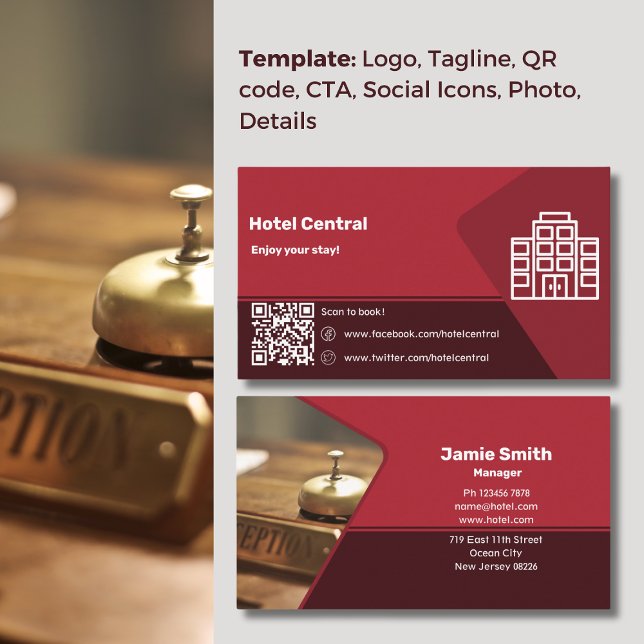 Elevate Hospitality with our Classic Red Hotel  Business Card (Elevate Hospitality with our Classic Red Hotel Business Card, Logo, Slogan, CTA, QR code, Social)