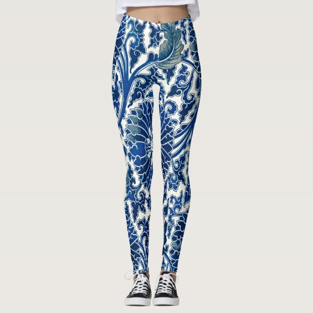 Elevate Your Style: Blue Floral & Chinese Ornament Leggings (Front)
