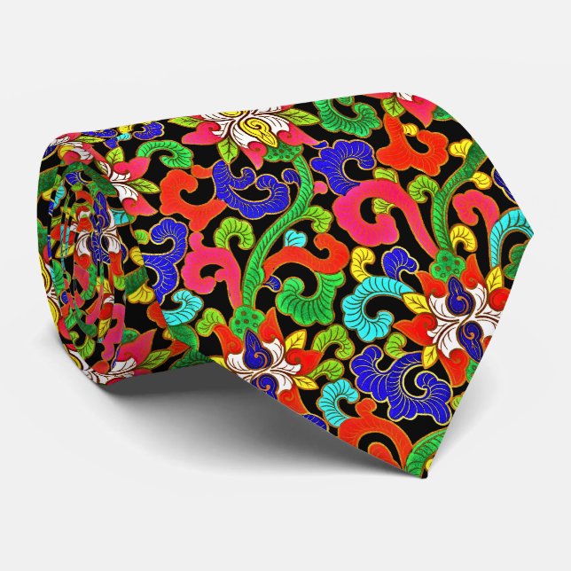 Elevate Your Style: Colorful Chinese Floral Neck Tie (Rolled)