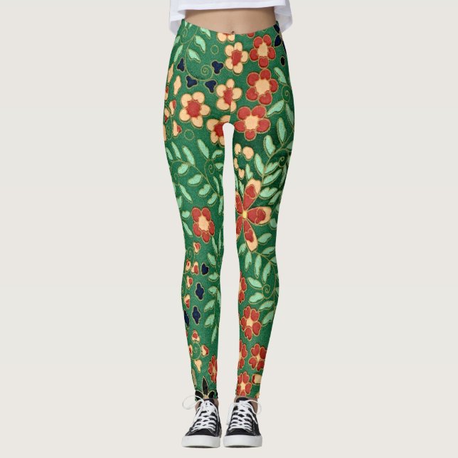 Elevate Your Vibes with Green Japanese Floral  Leggings (Front)