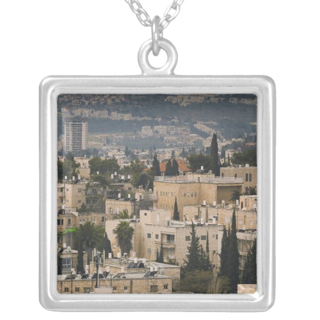 Elevated city view from Jerusalem YMCA tower Silver Plated Necklace (Front)