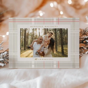 Elevated Plaid Cozy Cabin Beige Red Forest Green Holiday Card
