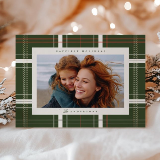 Elevated Plaid Cozy Cabin Forest Beige and Green Holiday Card (Creator Uploaded)