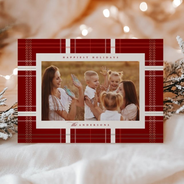 Elevated Plaid Cozy Cabin Forest Burgundy Beige Holiday Card (Creator Uploaded)