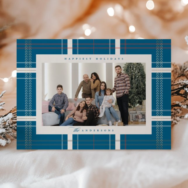 Elevated Plaid Cozy Cabin Forest Turquoise Blue Holiday Card (Creator Uploaded)