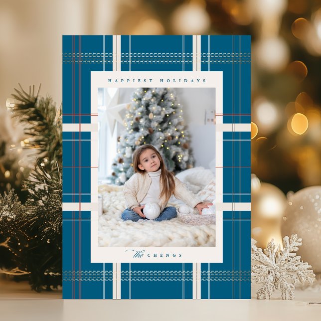 Elevated Plaid Cozy Cabin Forest Turquoise Blue Holiday Card (Creator Uploaded)