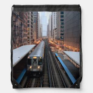 Elevated rail in downtown Chicago over Wabash Drawstring Bag