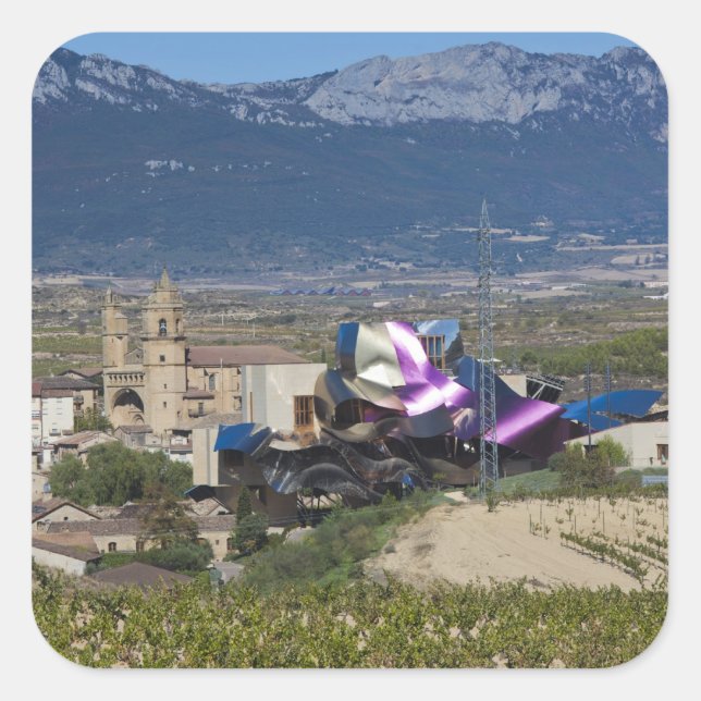 Elevated town view and Hotel Marques de Riscal Square Sticker (Front)
