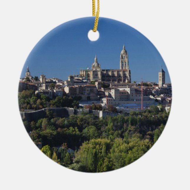 Elevated town view with the Segovia Cathedral Ceramic Ornament (Front)