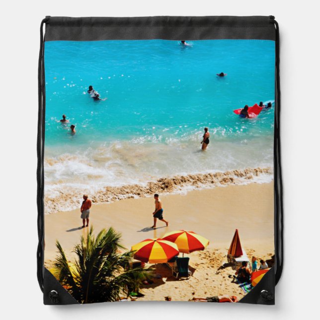 Elevated View Of Waikiki Beach Scene, Honolulu Drawstring Bag (Front)