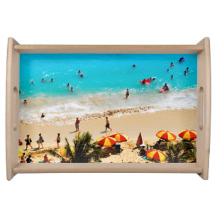 Elevated View Of Waikiki Beach Scene, Honolulu Serving Tray