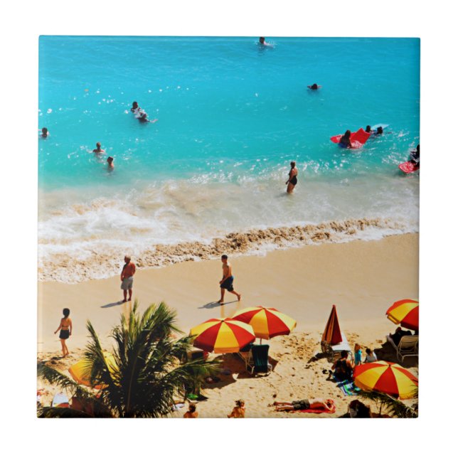 Elevated View Of Waikiki Beach Scene, Honolulu Tile (Front)