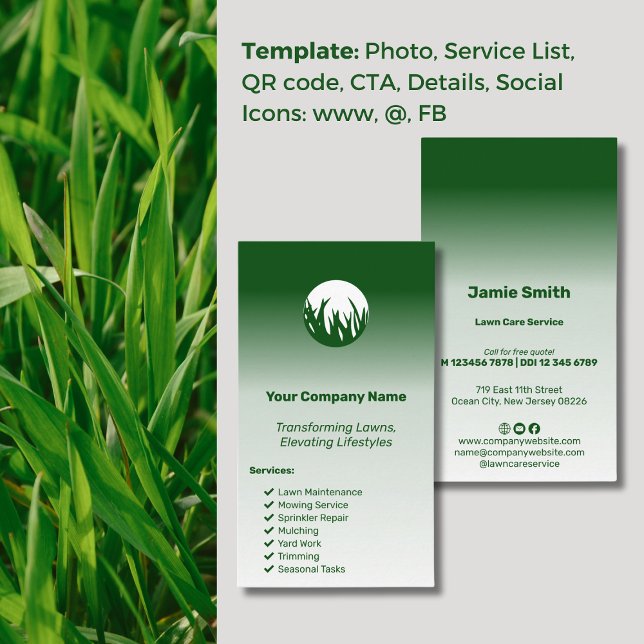 Elevating Lifestyles Custom Green Lawn Care Business Card (Elevating Lifestyles Custom Green Lawn Care Business Card, Grass Logo, Slogan, Service List)