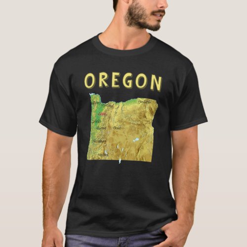 Elevation Map Of Oregon State  Major Cities  Lakes T_Shirt