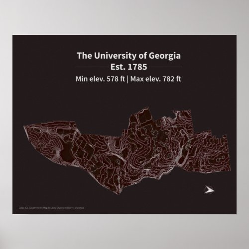 Elevation map of the University of Georgia campus Poster