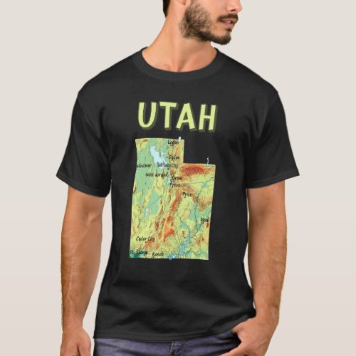 Elevation Map Of Utah State  Major Cities  Lakes   T_Shirt
