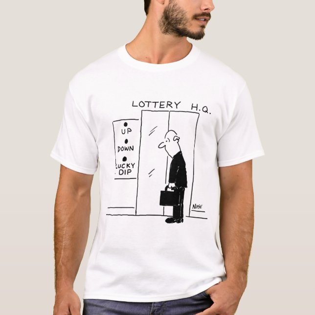 Elevator or Lift in a Lottery Headquarters Cartoon T-Shirt (Front)