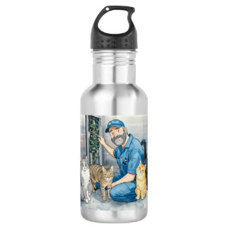 Elevator repairman with his cats stainless steel water bottle