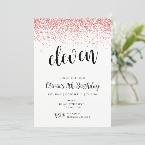 Eleven Birthday Pink Glitter Confetti Invitation