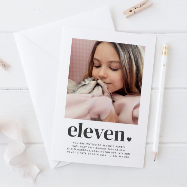 Eleven Heart - Square Photo Birthday Invitation (Creator Uploaded)