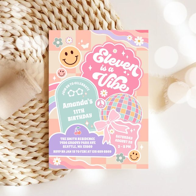 Eleven Is A Vibe Cloud Rainbow Disco 11th Birthday Invitation (Creator Uploaded)