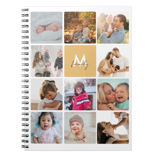 Eleven Photo Collage Simple Monogram Family Notebook (Front)