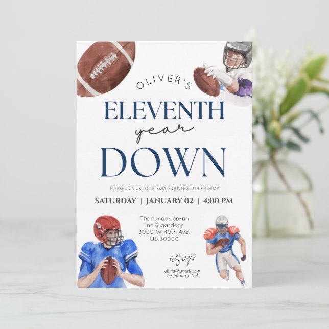 Eleventh year down football theme boy birthday invitation (Standing Front)