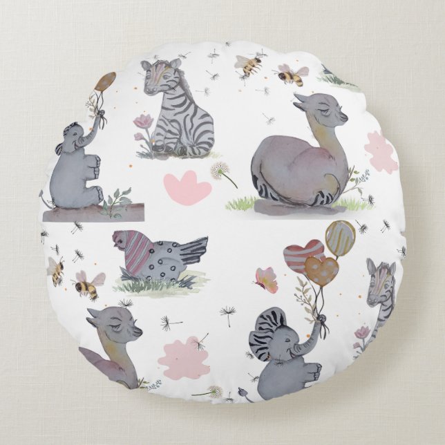 "Eleze Elephant & Polka Hen" Boganhues Blanket Round Pillow (Front)