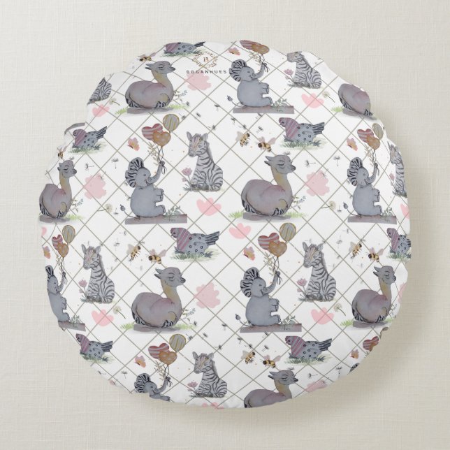 "Eleze Elephant & Polka Hen" Boganhues Round Pillow (Front)
