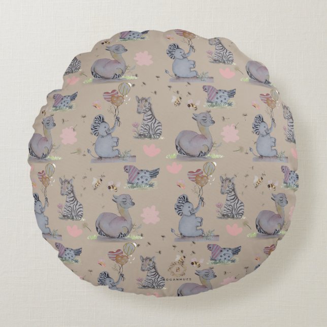 "Eleze Elephant & Polka Hen" Boganhues Round Pillow (Front)