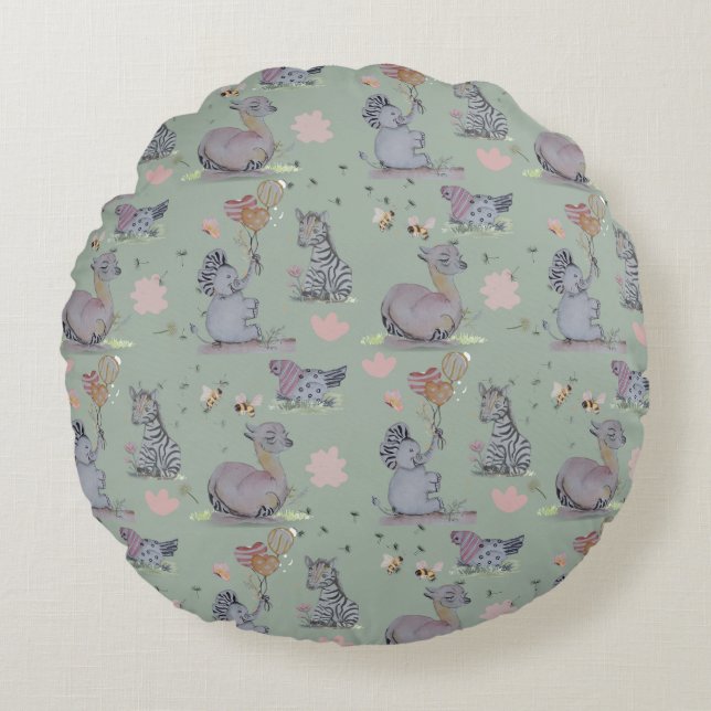 "Eleze Elephant & Polka Hen" Boganhues Round Pillow (Front)